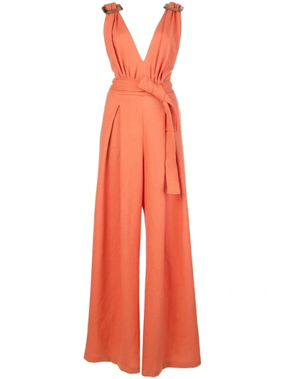 Patbo Belted Buckled Lace-paneled Woven Jumpsuit In Orange