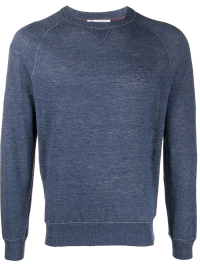 Brunello Cucinelli Linen-blend Crewneck Sweater In Dark Blue