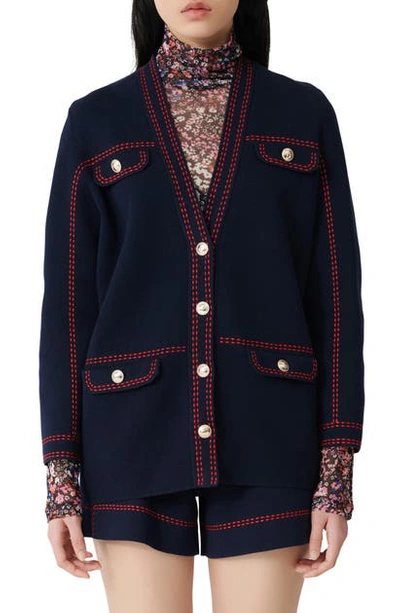 Maje Mollie Embroidered Cotton Cardigan In Navy