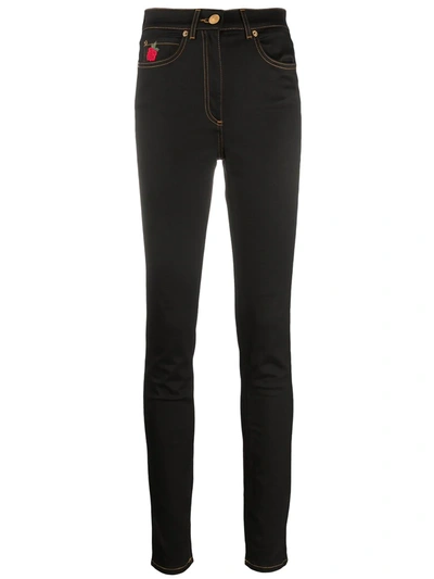 Versace Roses Embroidered Cotton Denim Jeans In Black