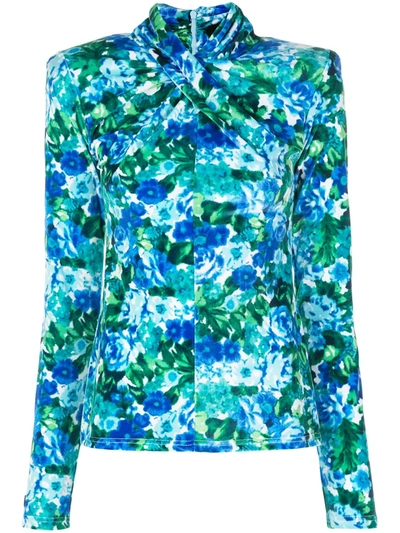 Richard Quinn Padded-shoulder Floral-print Velvet Top In Blue