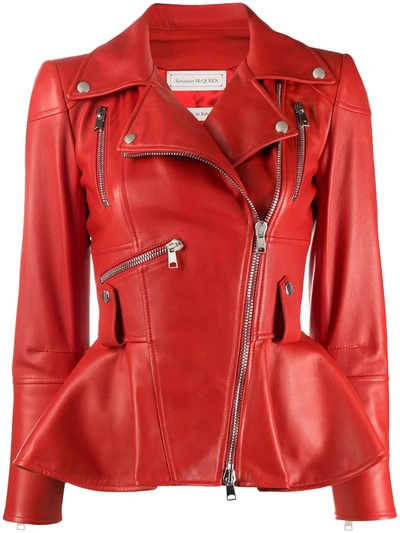 Alexander Mcqueen Lamb Leather Crop Peplum Jacket In Red