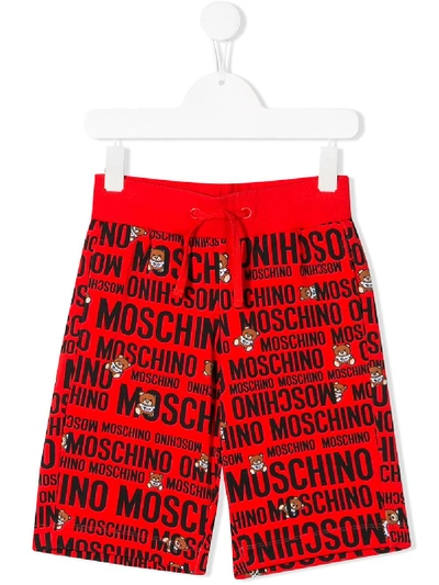 Moschino Teen All-over Logo Print Track Shorts In Red