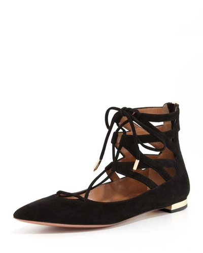 Aquazzura Woman Belgravia Lace-up Suede Point-toe Flats Black