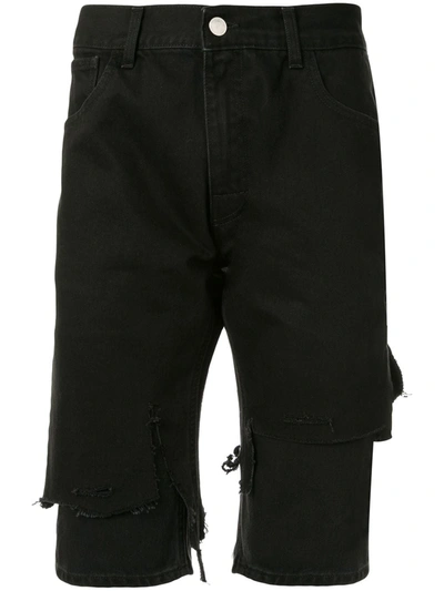 Raf Simons Distressed Double-layer Denim Shorts In Black