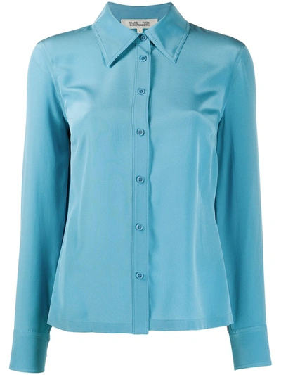 Diane Von Furstenberg Long Sleeve Button Down Silk Shirt In Blue