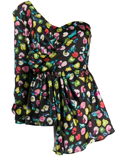 Amen One Shoulder Floral Print Blouse In Black