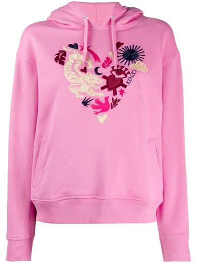 Kenzo Heart Crest-embroidered Hooded Sweatshirt In Pink