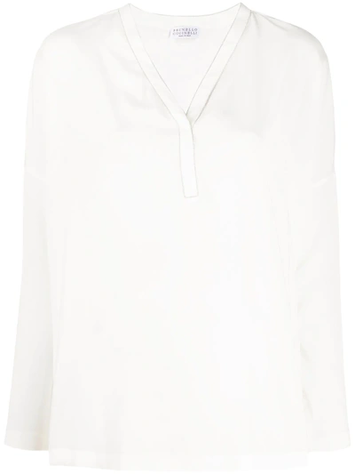 Brunello Cucinelli V-neck Long Sleeve Blouse In White