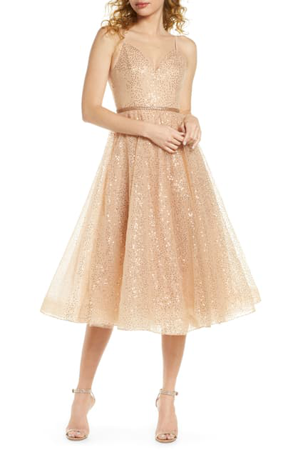 gold fit and flare cocktail dress