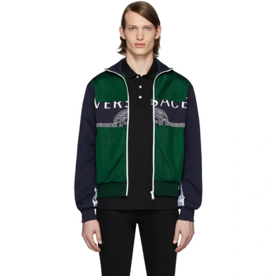 Versace Two-tone Logo-print Track Jacket In Blue