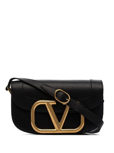Valentino Garavani Valentino Black Garavani Vlogo Leather Shoulder Bag In 黑色