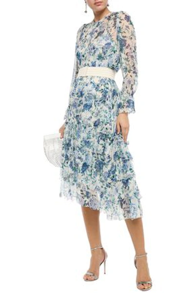 Zimmermann Belted Tiered Floral-print Silk-crepon Midi Dress In Light Blue