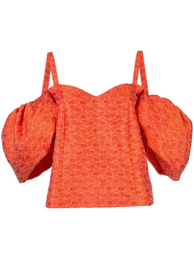 Rosie Assoulin Brocade Sweetheart Cold-shoulder Blouse In Orange