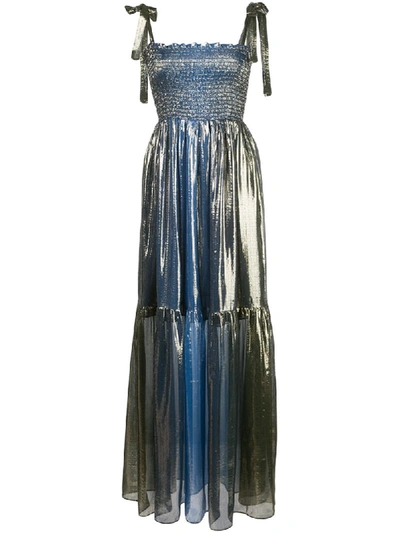 Cynthia Rowley Jade Smocked Silk Lame Long Dress In Blue
