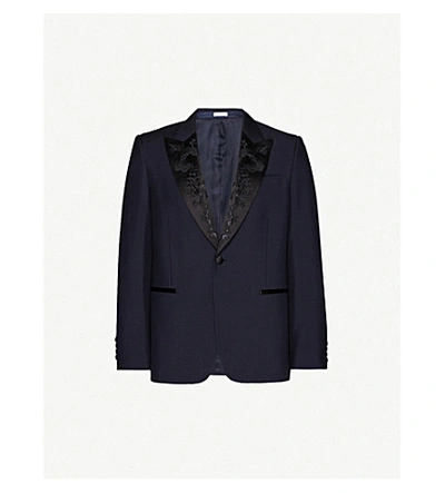 Alexander Mcqueen Floral-embroidered Slim-fit Single-breasted Wool-blend Blazer In Navy