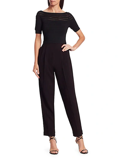 Herve Leger Pleated Mesh-inset Jumpsuit In Black