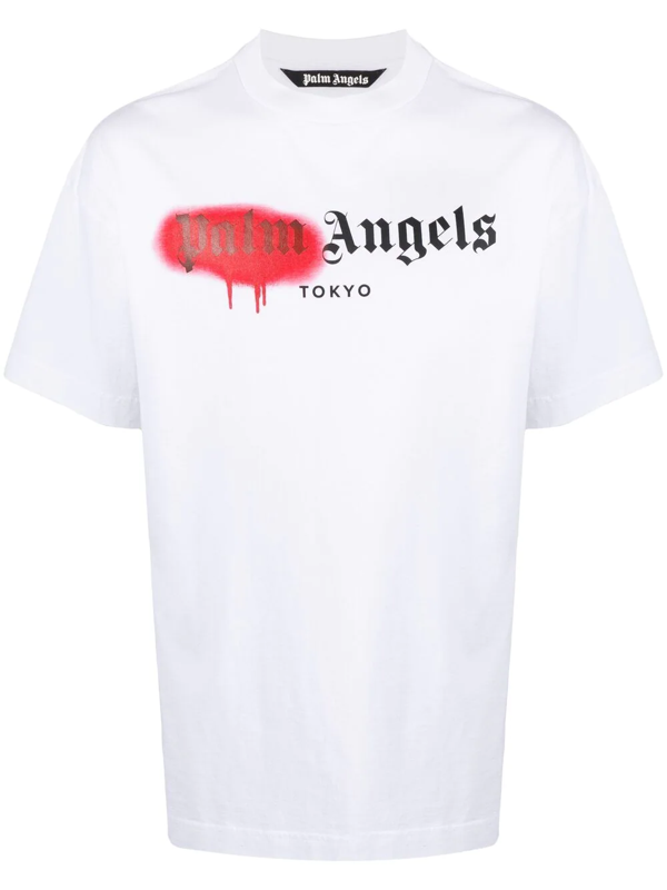 Palm Angels Man White And Red Tokyo Logo Spray Tshirt In White Red