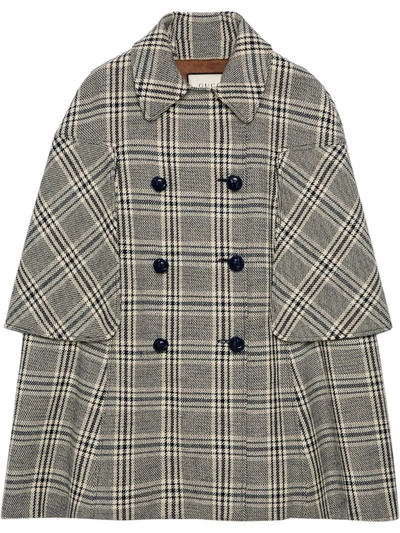 Gucci Checkered Double-breasted Cape Coat In Blue