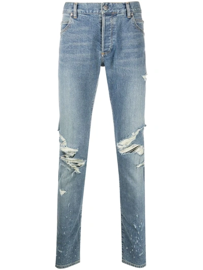 Balmain Distressed Skinny Jeans In Blue