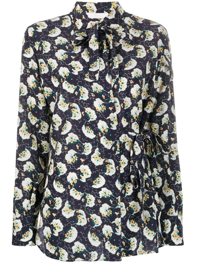 Chloé Floral-print Pussy-bow Blouse In Blue