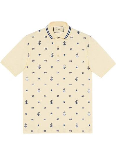 Gucci White Symbols Embroidered Polo Shirt