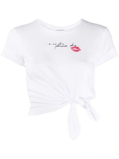 Elisabetta Franchi Quote Print Knot Detail T-shirt In White
