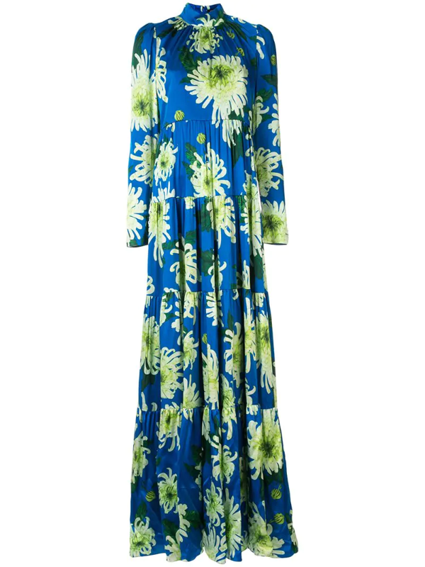 Andrew Gn Floral Long-sleeve Maxi Dress In Blue | ModeSens