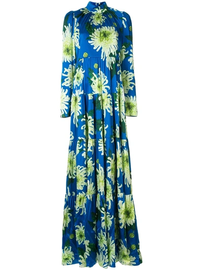 Andrew Gn Floral Long-sleeve Maxi Dress In Blue