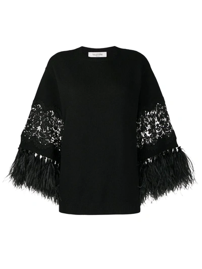 Valentino Feather-trimmed Jumper In Black