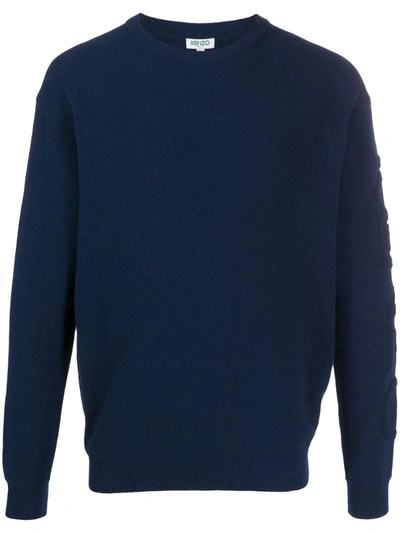 Kenzo Textured-logo Crew Neck Sweater In Blue
