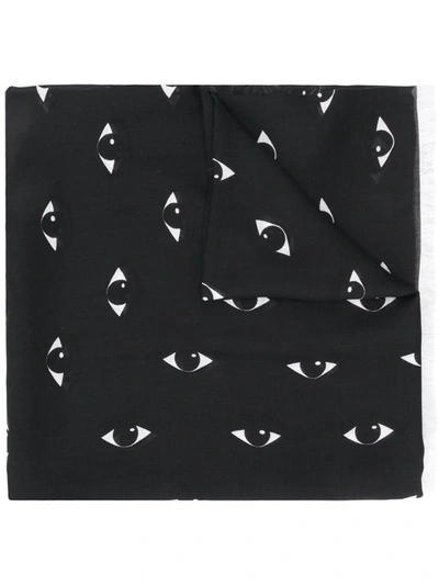 Kenzo Eye-print Fringed Scarf In Black