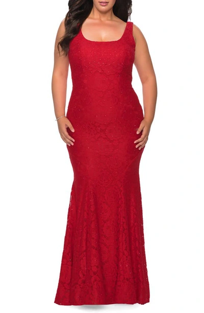 La Femme Beaded Stretch Lace Gown In Red