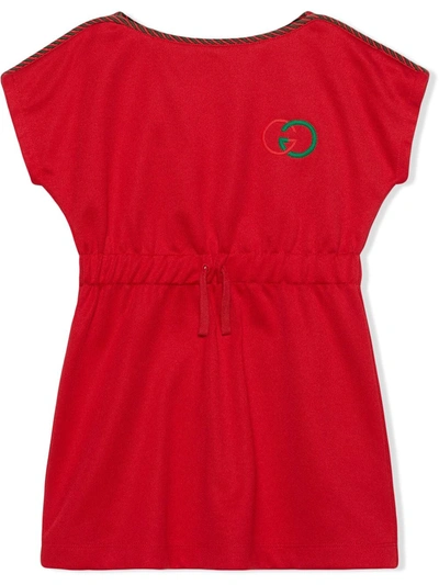 Gucci Kids' Embroidered Logo Technical Jersey Dress In Live Red/multicolor