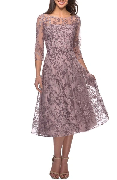 La Femme Floral Lace Illusion 3/4-sleeve Tea-length Dress In Dusty Lilac