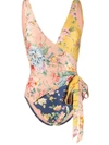 Zimmermann Zinnia Floral Wrap One-piece Swimsuit In Spliced