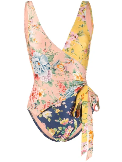 Zimmermann Zinnia Floral Wrap One-piece Swimsuit In Spliced