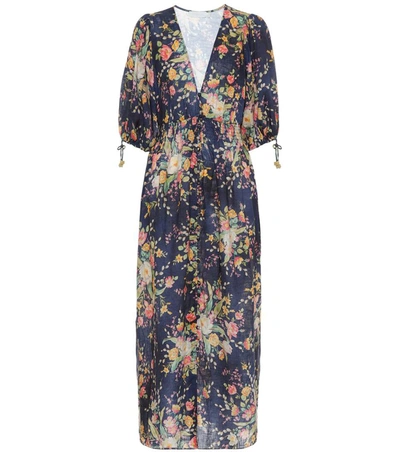 Zimmermann Zinnia Shirred Floral-print Linen Midi Dress In Multi