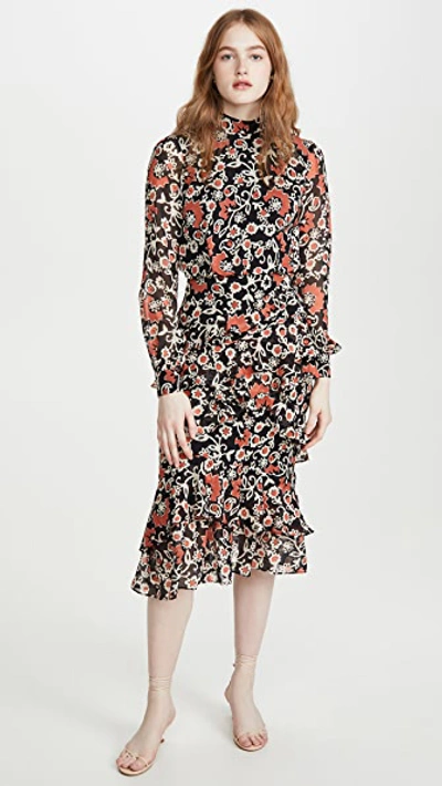 Saloni Isa Mock-neck Floral-print Silk Midi Dress In Noir Star Fruit