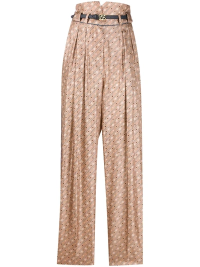 Fendi High-waisted Karligraphy Motif Printed Trousers In Neutrals