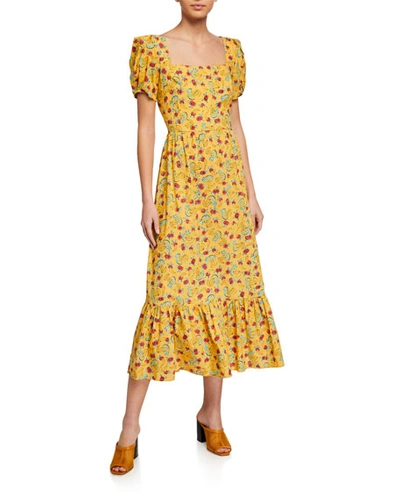 Hvn Ruffled Square-neck Cotton Gown In Yellow Pattern