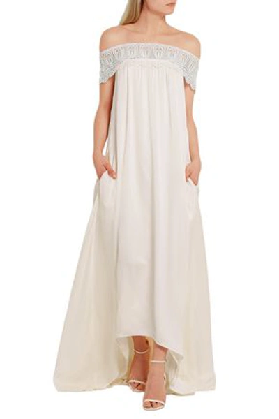 Self-portrait Bardot Guipure Lace-trimmed Satin Gown In Ivory