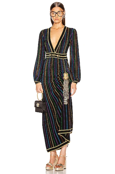 Gucci Long Sleeve V Neck Dress In Black & Multicolor