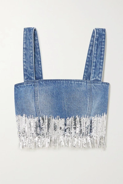Balmain Cropped Fringed Sequined Denim Top In Blue