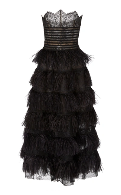 Oscar De La Renta Strapless Feather-trimmed Embroidered Lace Gown In Black