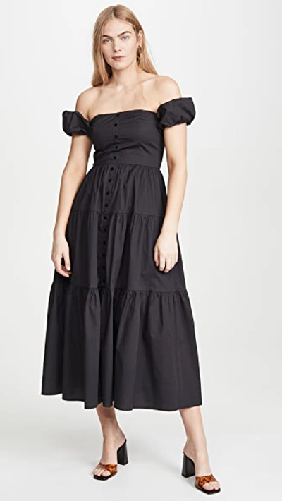 Staud Elio Off-the-shoulder Tiered Stretch-cotton Poplin Midi Dress In Black