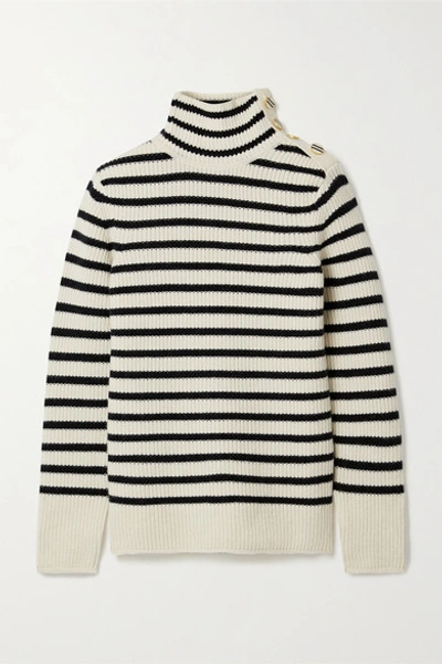 Tory Burch Striped Wool And Cashmere-blend Turtleneck Sweater In Ivory