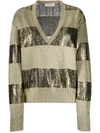 Saint Laurent Metallic Stripe Linen Blend Sweater In Beige