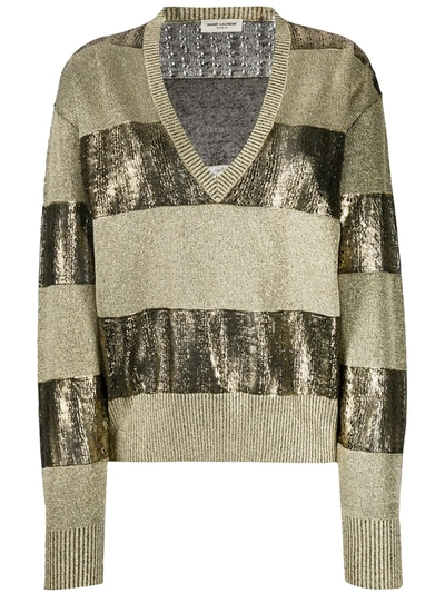 Saint Laurent Metallic Stripe Linen Blend Sweater In Gold