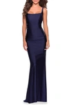 La Femme Square Neck Trumpet Gown In Navy